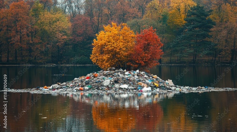 Poster pile of garbage floating as a small island in a serene lake, colorful trees reflecting resilience in