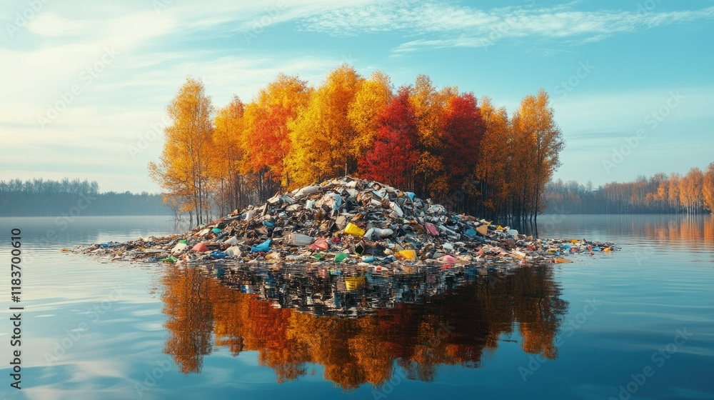 Poster pile of garbage floating as a small island in a serene lake, colorful trees reflecting resilience in