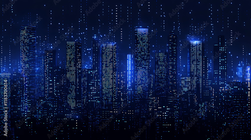 Poster digital building in matrix style, binary city of blue light, abstract technological background