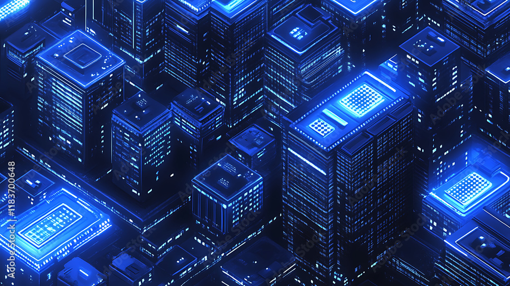 Aufkleber digital building in matrix style, binary city of blue light, abstract technological background