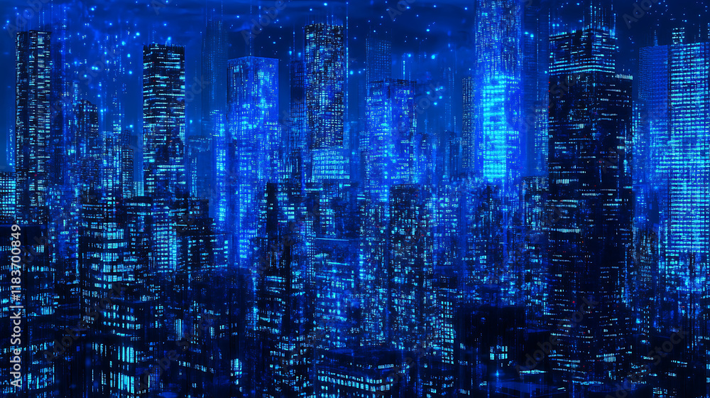 Poster Digital building in matrix style, binary city of blue light, abstract technological background