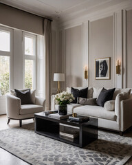 Bright stylish black and white living room with designer sofa large windows and a clean modern aesthetic Contemporary Interior Design Inspiration