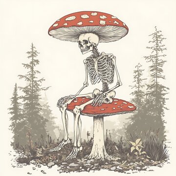 Skeleton Sitting on Mushroom in Forest