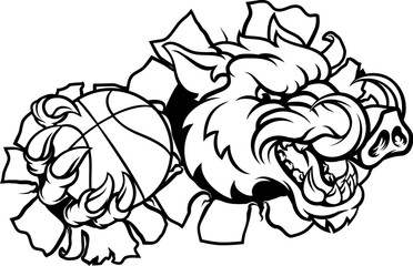 A wild boar, hog razorback warthog pig mean tough cartoon sports mascot holding a basketball ball