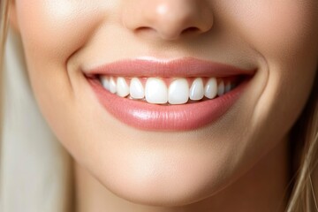 Fototapeta premium The face of a beautiful young woman with a smile, snow-white teeth, close-up.