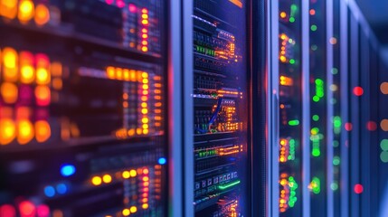 Naklejka premium Rows of server racks showcasing the complexity of backhaul network infrastructure with vibrant LED lights and organized cabling.