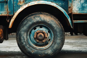 Fototapeta premium Detailed view of a truck s wheel and fuel tank in a parking spot