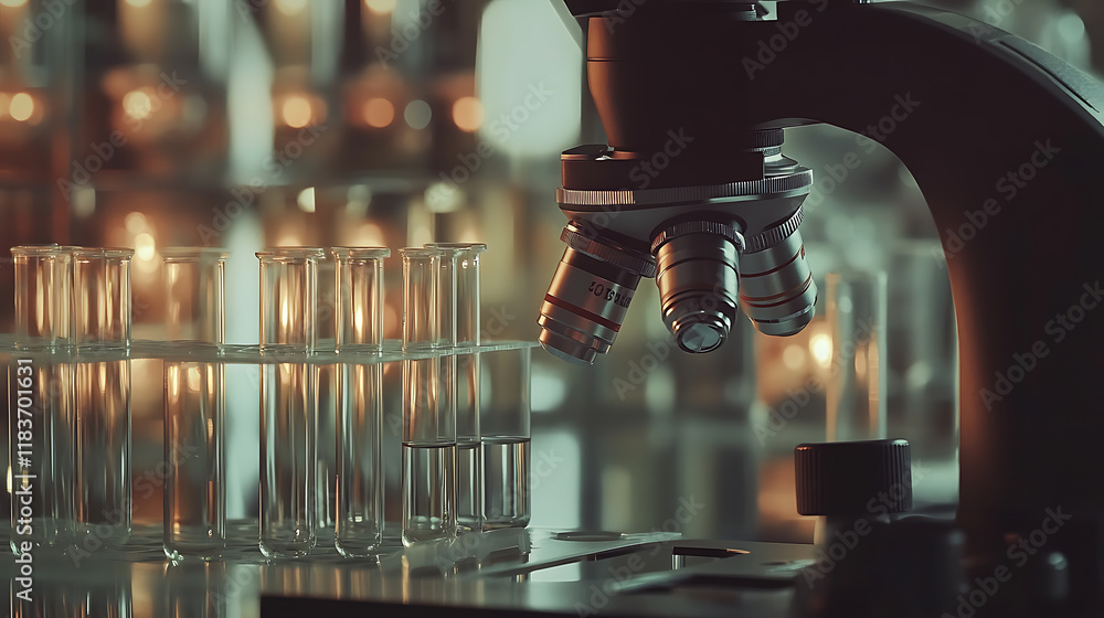 Aufkleber Exploring the depths of science: microscope and test tubes in a laboratory research and development concept
