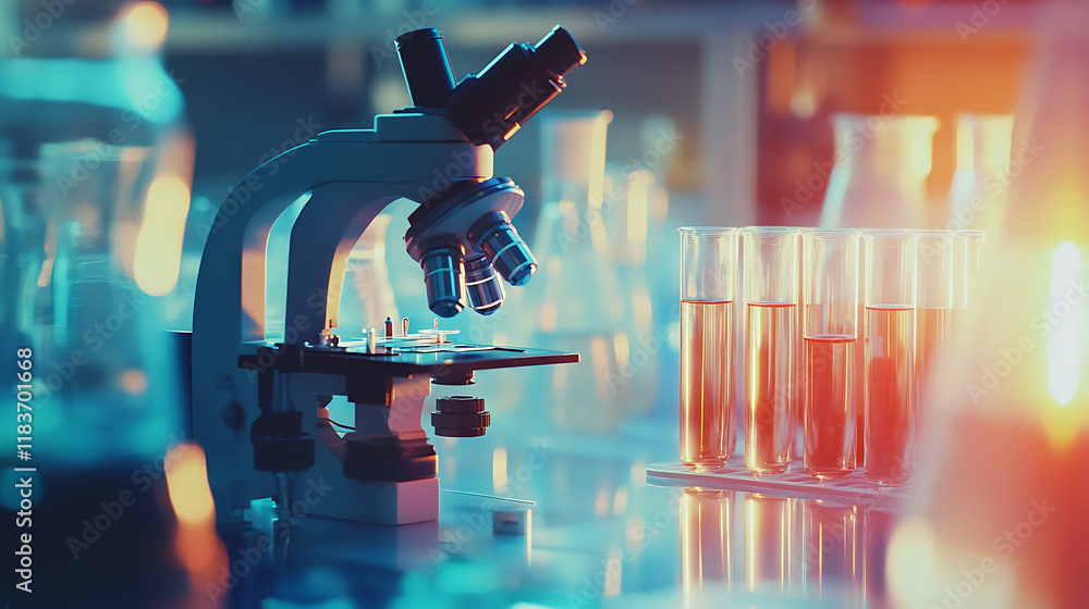 Aufkleber Exploring the depths of science: microscope and test tubes in a laboratory research and development concept