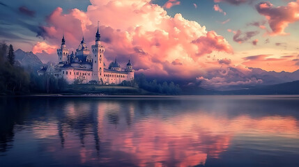 Obraz premium Fairy-tale palace under the sky with pink clouds on the shore of the lake