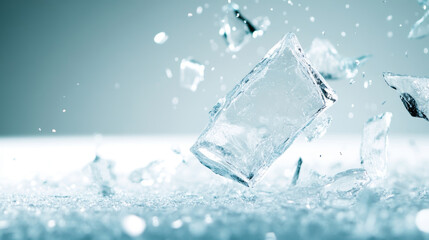 Ice block breaking mid-air, surrounded by ice shards, with a gray-blue background, creating a dynamic and vibrant scene