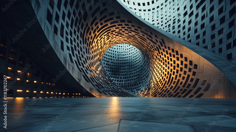 Poster abstract futuristic architecture, glowing tunnel.