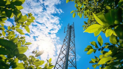 Sleek telecom tower framed by vibrant greenery and a dynamic sky, symbolizing technological innovation in harmony with nature