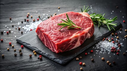 Richly marbled beef rump steak lies on a black stone table, its juices slowly seeping into the granite's pores, exuding a sense of luxury and sophistication , juicy, luxury