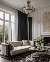 Contemporary designer living room with a luxury sofa expansive windows and black and white interior theme Contemporary Interior Design Inspiration