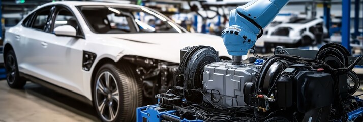 Obraz premium EV motor repair concept. Automotive assembly line with a robotic arm and car components.