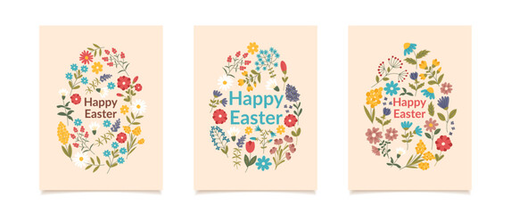Set of Easter greeting cards. Easter eggs made of flowers. Vector poster in flat style. © Julia Anisimova