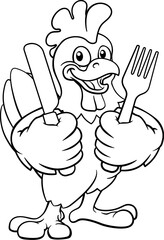 A chicken cartoon rooster cockerel bird mascot holding a knife and fork