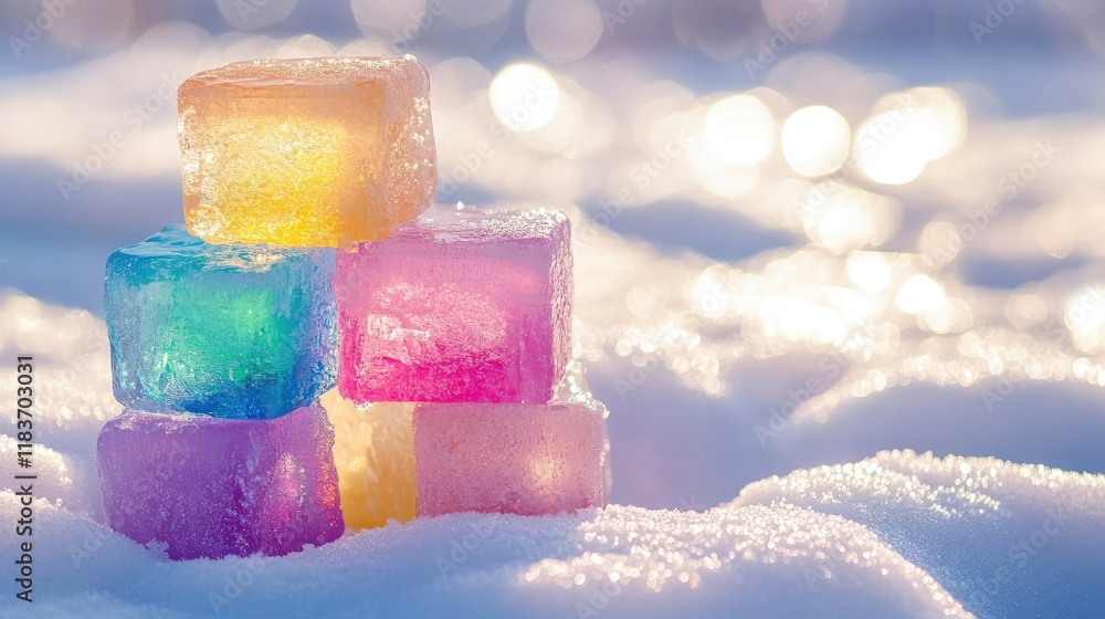 Poster stacked multicolored ice blocks on a snowy surface, with sunlight creating subtle reflections and a 