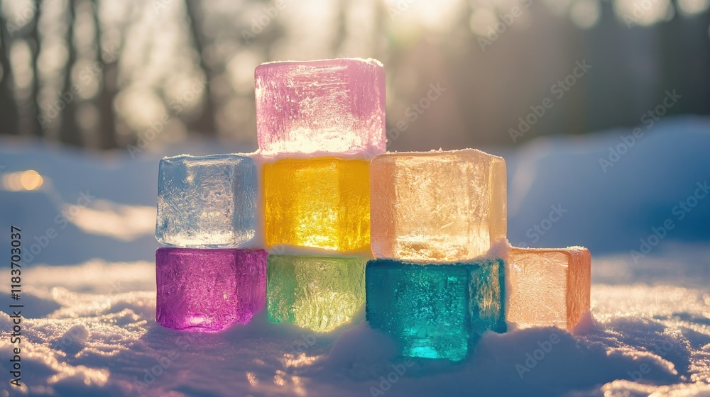 Leinwandbilder stacked multicolored ice blocks on a snowy surface, with sunlight creating subtle reflections and a 