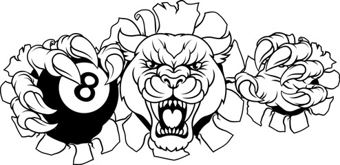 Panther, leopard or cougar wildcat cat jaguar billiards pool mascot holding a black 8 ball