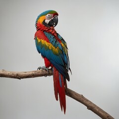 Fototapeta premium A macaw perched on a branch, colorful feathers radiating against the white background.
