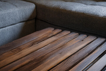 Empty brown wooden table. Kitchen table made of solid wood with texture in the kitchen