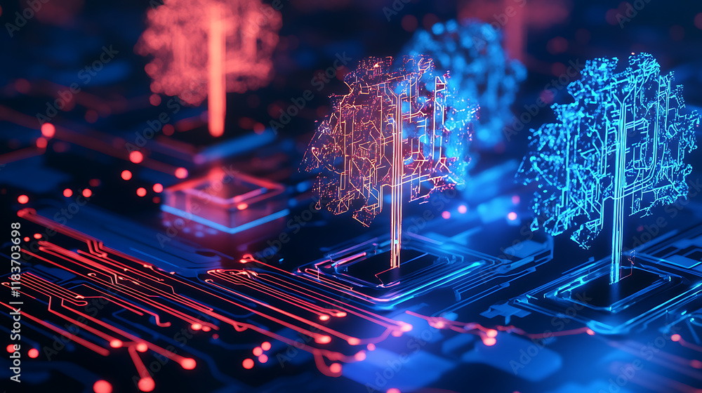 Poster Future tech development concept with glowing neon trees on a circuit board background in a futuristic polygonal style, modern illustration of the future of technology