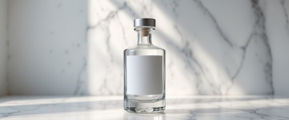 Elegant liquor bottle with blank label resting on marble surface