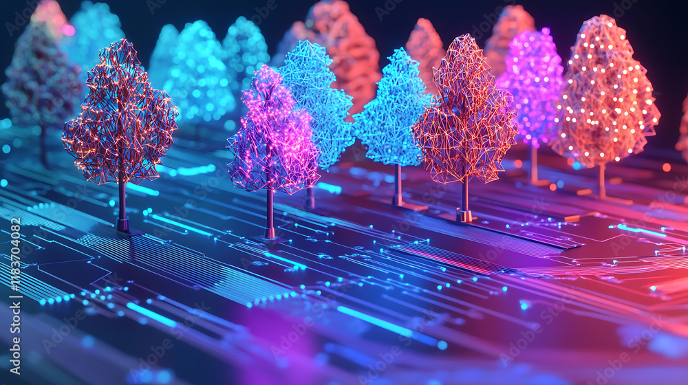 Poster Future tech development concept with glowing neon trees on a circuit board background in a futuristic polygonal style, modern illustration of the future of technology