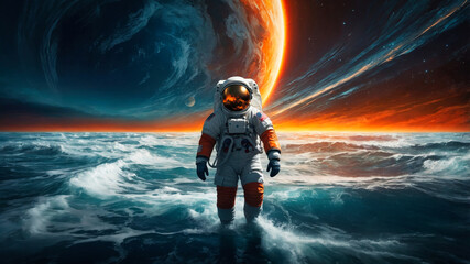 Surreal composition of an astronaut walking on a turbulent ocean surface, with big celestial bodies above