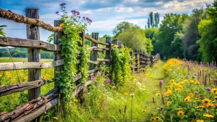 Fototapeta premium Distressed wooden fence with overgrown vines and wildflowers in a rural landscape, atmosphere, aging process
