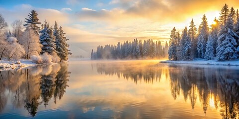 Obraz premium Frozen lake with misty morning sunrise reflected in calm waters, surrounded by snow-covered evergreen trees and bare branches , forest, frozen lake