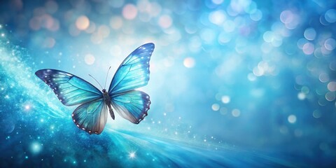 Delicate abstract butterfly with shimmering blue and cyan blotting on a gradient sky background, creating an ethereal atmosphere and a sense of movement , blue blot, atmosphere
