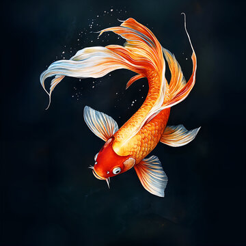 vibrant koi fish with long flowing tail swims gracefully in dark water.
