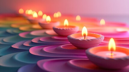 Serene Illumination: A Row of Glowing Diyas on a Colorful, Undulating Surface