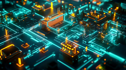 Fototapeta premium Futuristic neon city in an isometric form, the concept of connecting devices, communication between devices, 3d artwork