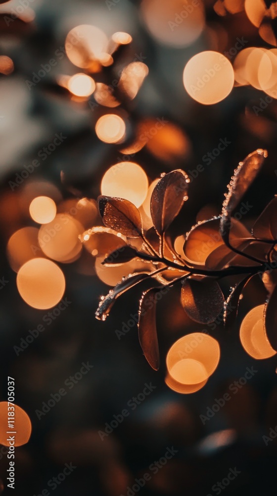 Poster close-up view of future dusk petals glistening with dew, surrounded by a magical blur of golden orbs