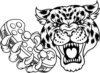 A jaguar, panther, leopard or cheetah wildcat spotted cat gamer sports mascot holding a video game controller