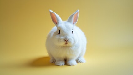 Obraz premium Fluffy white rabbit on a yellow background