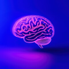 A vibrant, neon brain illustration glows against a dark blue background, symbolizing creativity, intelligence, and cognitive functions.