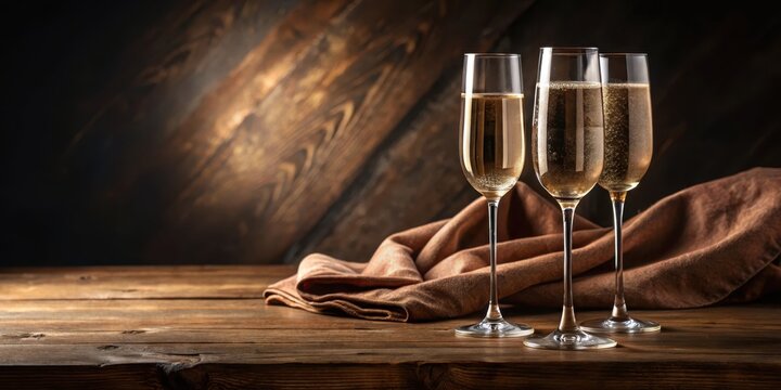 Elegant glasses of champagne sitting on a wooden table with a luxurious velvet cloth, glass, elegance, glass, elegance