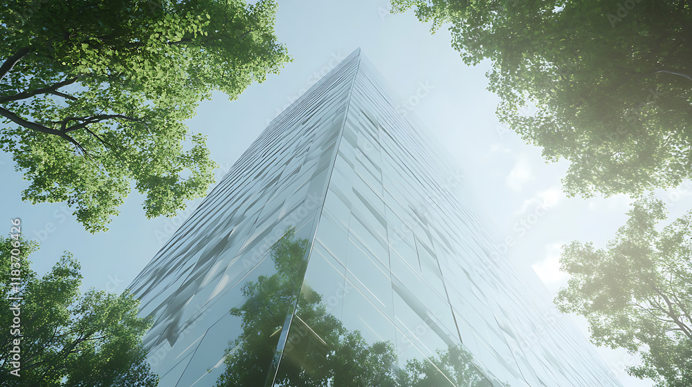 Aufkleber green business concept with glass office building view from low angle and green trees
