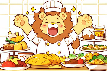 Naklejka premium lion chef joyfully celebrates after preparing grand feast with delicious dishes