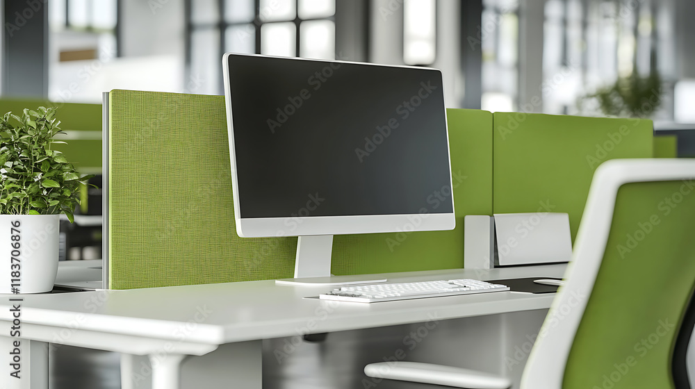 Fototapete Green office desk with focus on computer screen, modern work place with focus on computer display