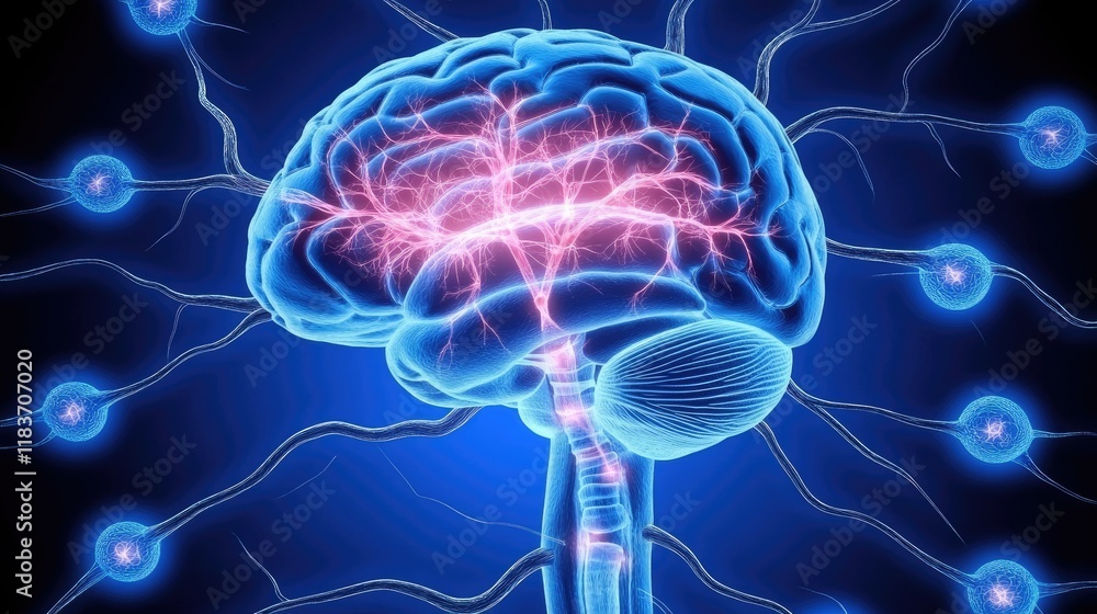 Poster human brain neural network connections glowing synapses 3d rendering