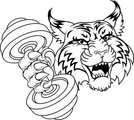 A wildcat cougar lynx lion weight lifting gym animal sports mascot holding a dumbbell weight in his claw