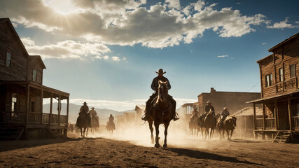 A classic western scene with a dusty street, wooden buildings and cowboy riders
