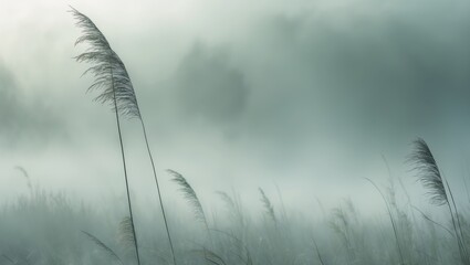 Obraz premium Misty landscape with tall grass in serene field