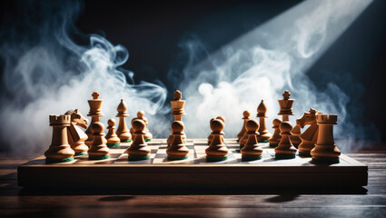 A chessboard set against a smoky, atmospheric background